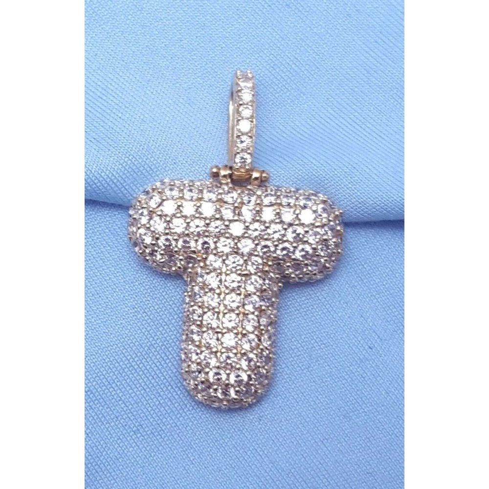 10K Karat Solid Yellow Gold Designer Initial " T " Cubic Zirconia Pendant Charm